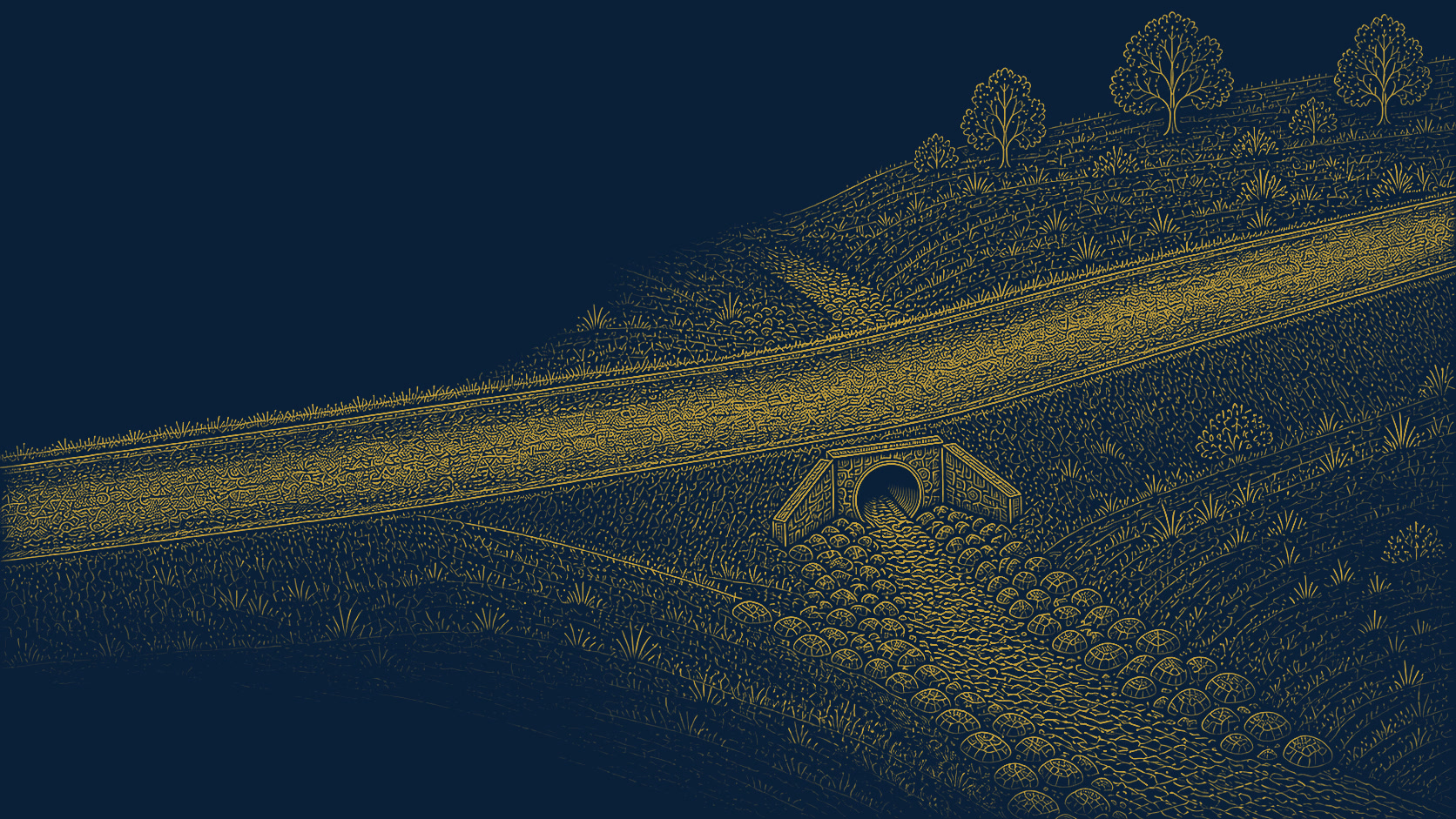 Ilustración conceptual de camino rural granular con salida de drenaje transversal