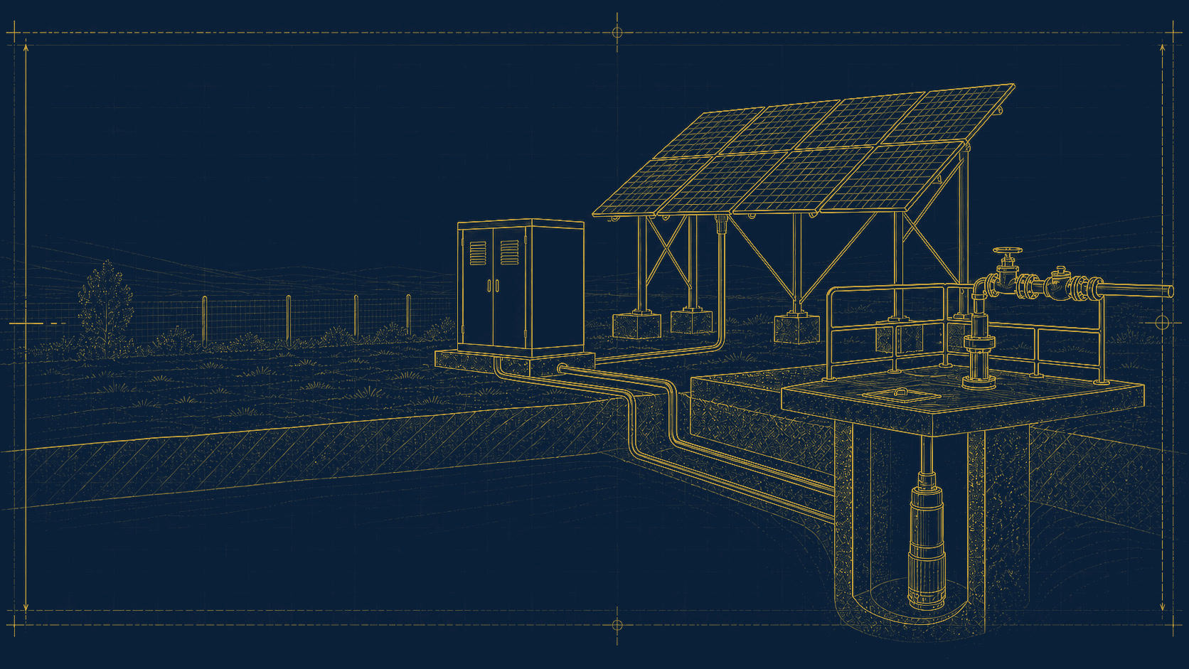 Ilustración conceptual de energía solar aplicada al bombeo