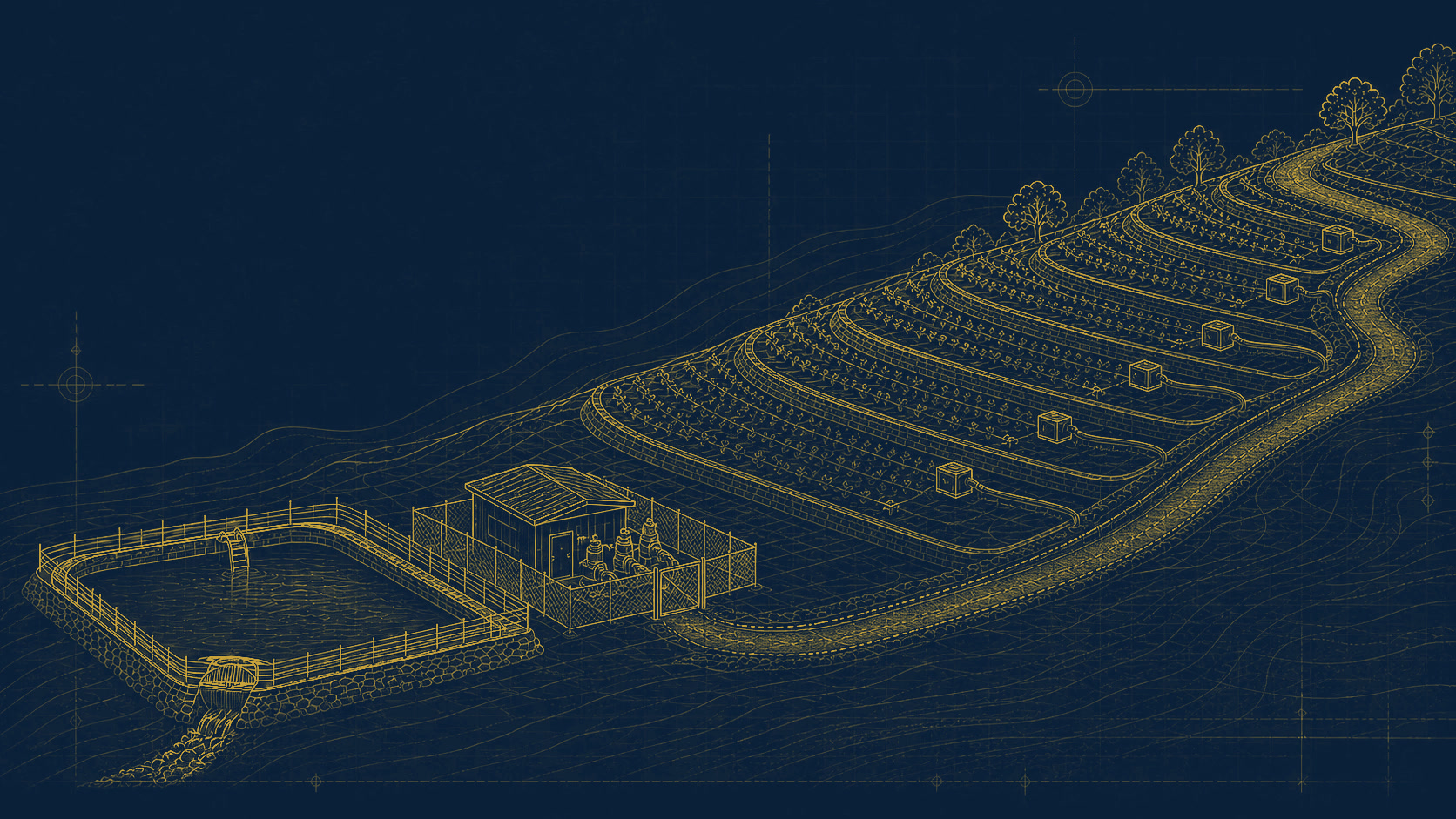 Ilustración conceptual de balsa y red de regadío